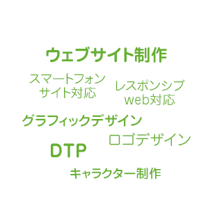 ウェブサイトデザイン、スマートフォンサイト対応、レスボンシブweb対応、グラフィックデザイン、DTP、ロゴデザイン、キャラクター制作